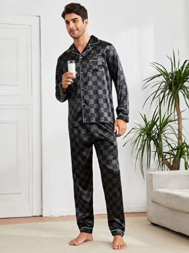 WDIRARA Men's Satin Sleepwear Plaid Button Long Sleeve Shirt and Pants Pajama Set3