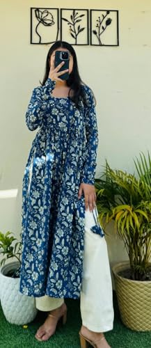 Image of Women's Cotton Nayra Cut Kurti for Women | Full Sleeves Printed Long Kurta | Stylish Flared Ethnic Wear Kurti, Casual & Festive Occasion