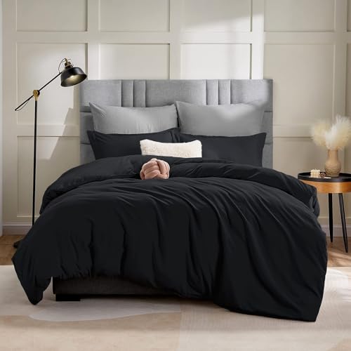 WAVVE King Size Duvet Cover Set – Kingsize Black Duvet Cover 220 x 230 cm with 2 Pillowcases 50 x 75 cm, Washed Microfiber Bedding Set with Zipper Closure, Soft and Comfortable