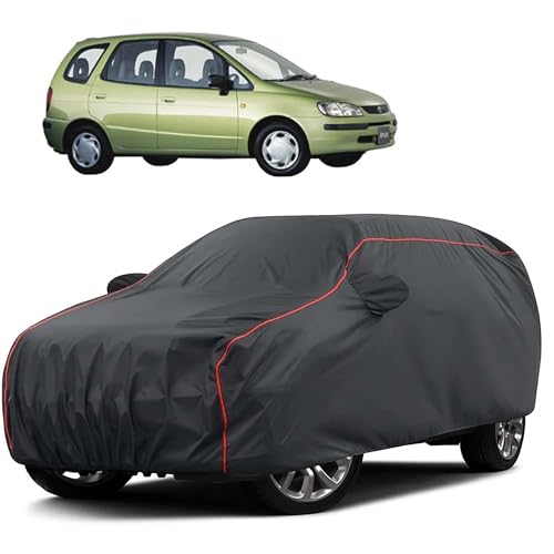 Image of Sulfar 100% Water Resistant Car Body Cover Compatible with Mirror for Toyota Spacio (Triple Stitched, Full Bottom Elastic, Dark Grey Taffeta with Red Piping)