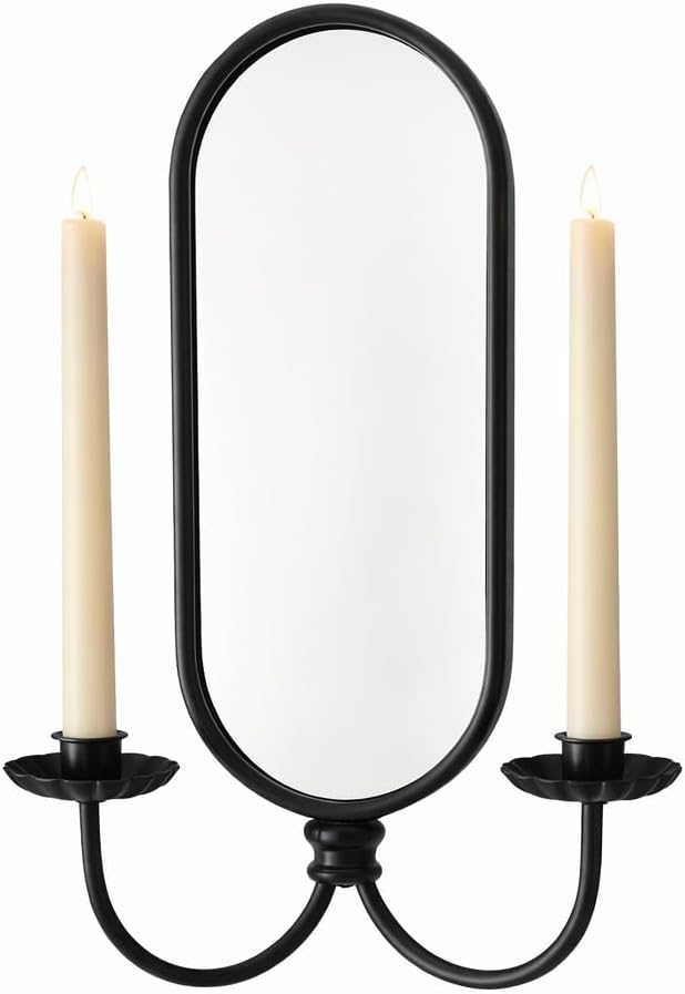 Black Metal Wall Sconce with Oval Mirror and Dual Taper Candle Holders – Decorative Wall Mount Candle Holder for Living Room, Entryway, Bedroom, Farmhouse Wall Decor
