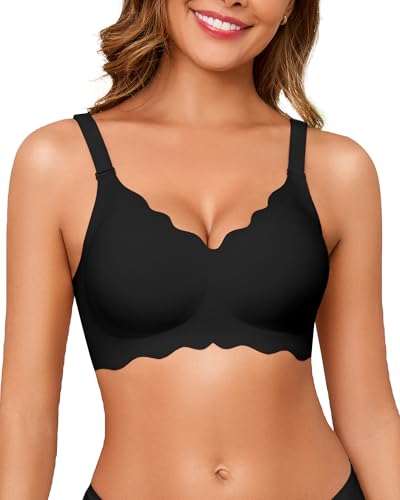 Seamless Jelly Bras for Women No Underwire Push Up Bra Full Coverage V-Neck Wirefree Bralettes Soft T-Shirt Everyday Bra, Black, Large