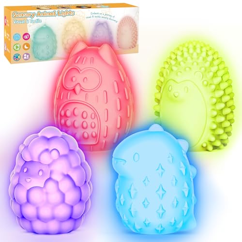 NYOBABE 4-Piece Sensory Animal Light Set 4 Textures 7 Colors Sensory Lights for Toddlers Night Light for Kids Autism Toys Xmas Birthday Easter Gifts for Boys and Girls Ages 3+