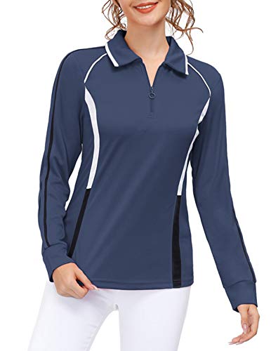 Women's Long Sleeve V Neck Golf Polo Shirts Moisture Wicking Performance Tops Leisure T-Shirt(S, Navy Blue)