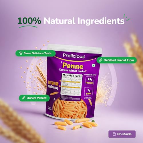 Image of Prolicious Penne Pasta | Upgrade Your Pasta Time | 15g Protein + 7g Fibre | Durum Wheat & Peanut Flour | No Maida, Not Fried | 2.6X More Protein | For Masala, White Sauce, Baked & More | 400g