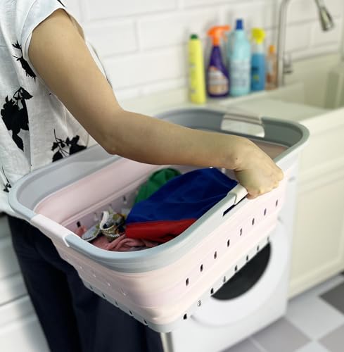 Image of SAMMART 42 (11 Gallons) Collapsible Plastic Laundry Basket, Foldable Pop Up Storage Container /Organizer, Space Saving Hamper, Portable Bin for Dorm Room Bathroom (2, Grey /Pink)