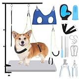Sunnymove 13 Pcs Adjustable Dog Grooming Arm with Clamps, Adjustable Height 27'-37', Pet Grooming Stand with Hammock and No-sit Haunch Holders, Ideal Set for Small & Medium Dogs at Home or Salons