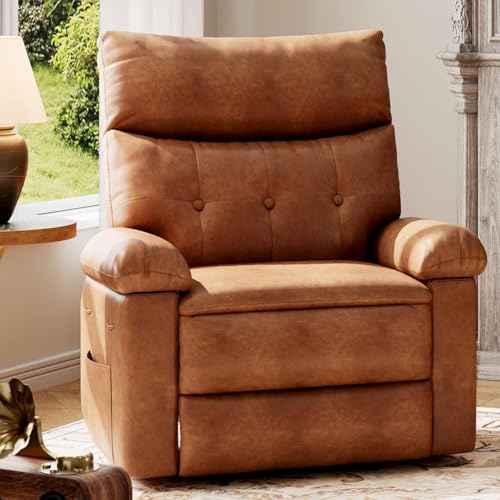 Aptliton Oversized Rocker Recliner Armchairs for Adults, PU Leather Manual Recliner Chair with Foldable Armrests & Side Pockets, Rocking Chair for Living Room/Bedroom/Nursery, Adjustable Headrest