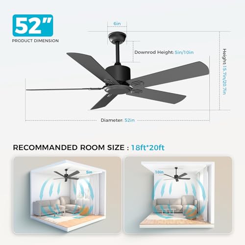 Image of Obabala 52 Inch Ceiling Fan No Light, Modern Black Ceiling Fan Without Light with Remote & APP, Quiet Reversible DC Motor, 6-Speeds, for Living Room, Bedroom, Patio