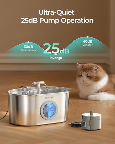 Invengo Katzenbrunnen Edelstahl, Trinkbrunnen für Katze mit 2 Trinkstellen, LED-Anzeige, Wasserstandsanzeige und 5-Fach Filtersystem - Leiser Trinkbrunnen für Katzen und Kleine Hunde, 2.2L