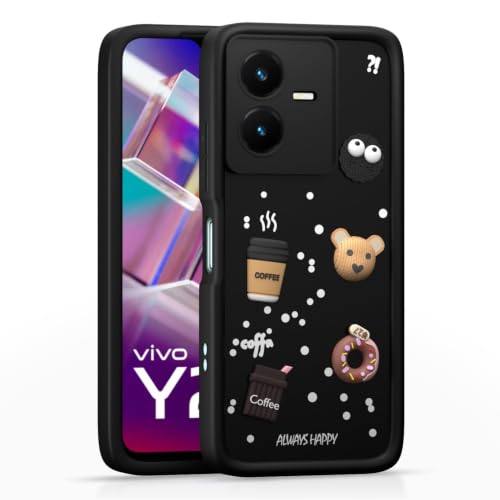 Image of Bintage Cute Fun Ball | Taddy Cartoon 3D Smiley Coffee Cup | Milk Donut | Full Camera Protection Back Cover Compatible for Vivo V2221 / Vivo Y22s - Black