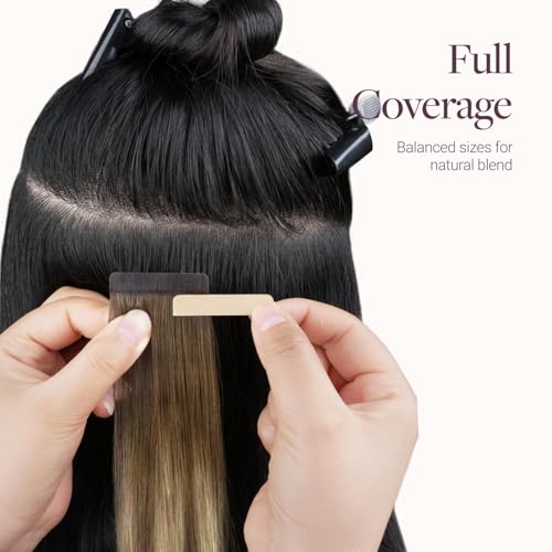 Image of GOO GOO Tape In Weft Hair Extensions Human Hair, 4 /27 /4 Balayage Chocolate Brown to Caramel Blonde, 8cm Wide Tape, 22inch 7pcs 140g, Tape Weft Hair Extensions, Seamless Tape in
