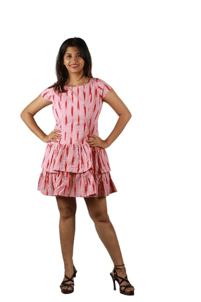 Women's Ikkat Cotton Pink Dress-image-24