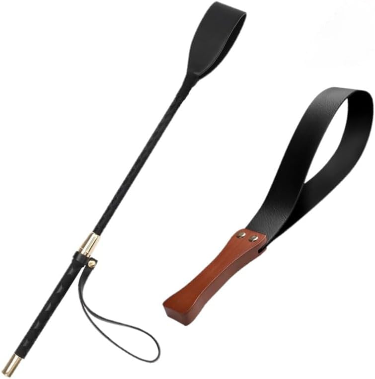 MORECP2-Pack Leather Horse Whip Set - 18" Double Slapper & 19" Riding Crop - PU Leather Anti-Slip Wood Handle - Black Horse Whip MP03