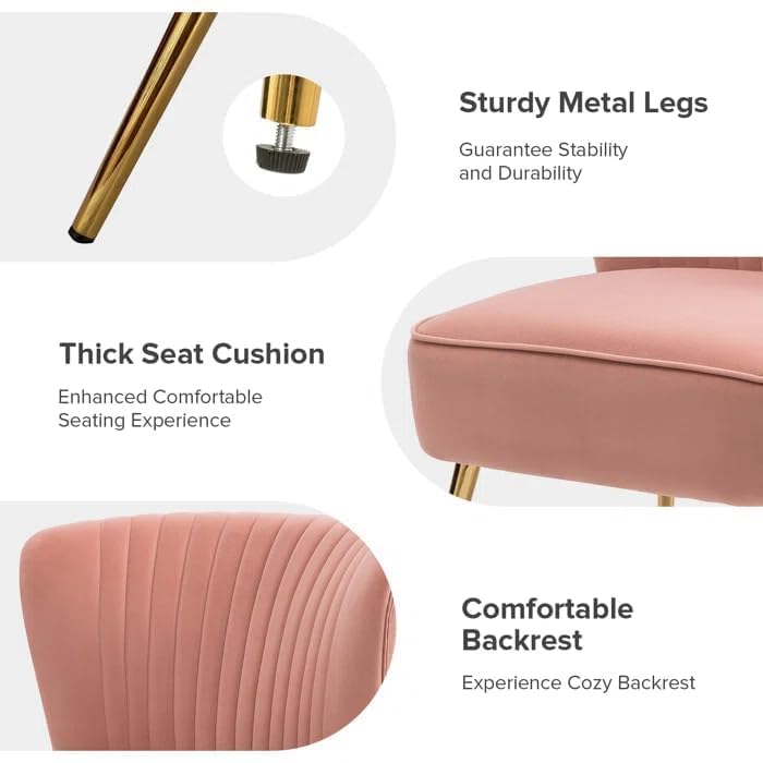 Image of Modern Upholstered Accent Velvet Chair Single Seater Channel Tufted Wing Back Chair with Golden Matel Legs for Living Room, Bedroom, Dining Room, Pink