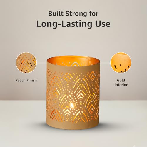 Image of Amazon Brand - Solimo Tea Light Votive - Round Shape, Peach Finish with Gold Interior, Set of 4 (Size: L-7.5 cm x W-7.5 cm x H-10 cm)