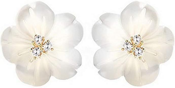 CZ Shell Pearl Flower Stud Earrings for Women Girls 925 Sterling Silver 14k Gold Plated Hypoallergenic Crystal Cute Small Floral Statement Cartilage Tragus Post Fashion Birthday Wedding Jewelry