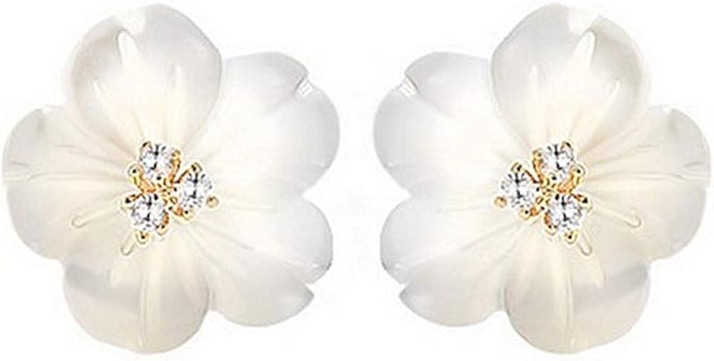 CZ Shell Pearl Flower Stud Earrings for Women Girls S925 Sterling Silver Hypoallergenic Crystal Cute Small Floral Statement Cartilage Tragus Post Pin Fashion Birthday Jewelry