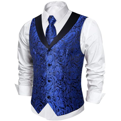 Image of DiBanGu Mens Paisley Suit Vest Silk Jacquard Waistcoat and Necktie Set Formal Shawl Collar Dress Vest 7PCS for Wedding Party