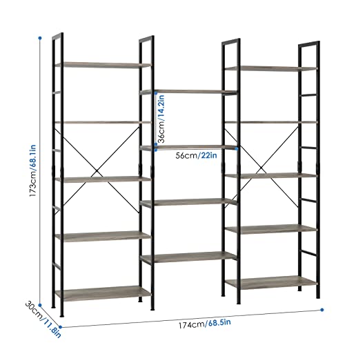 Finetones Triple Wide 5-Tier Bookshelf, Large Industrial Bookcase With Metal Frame, 68.5 X 11.8 X 68.1 In, Tall Open Storage And Display Rack For Home Office, Vintage Grey #TOP1