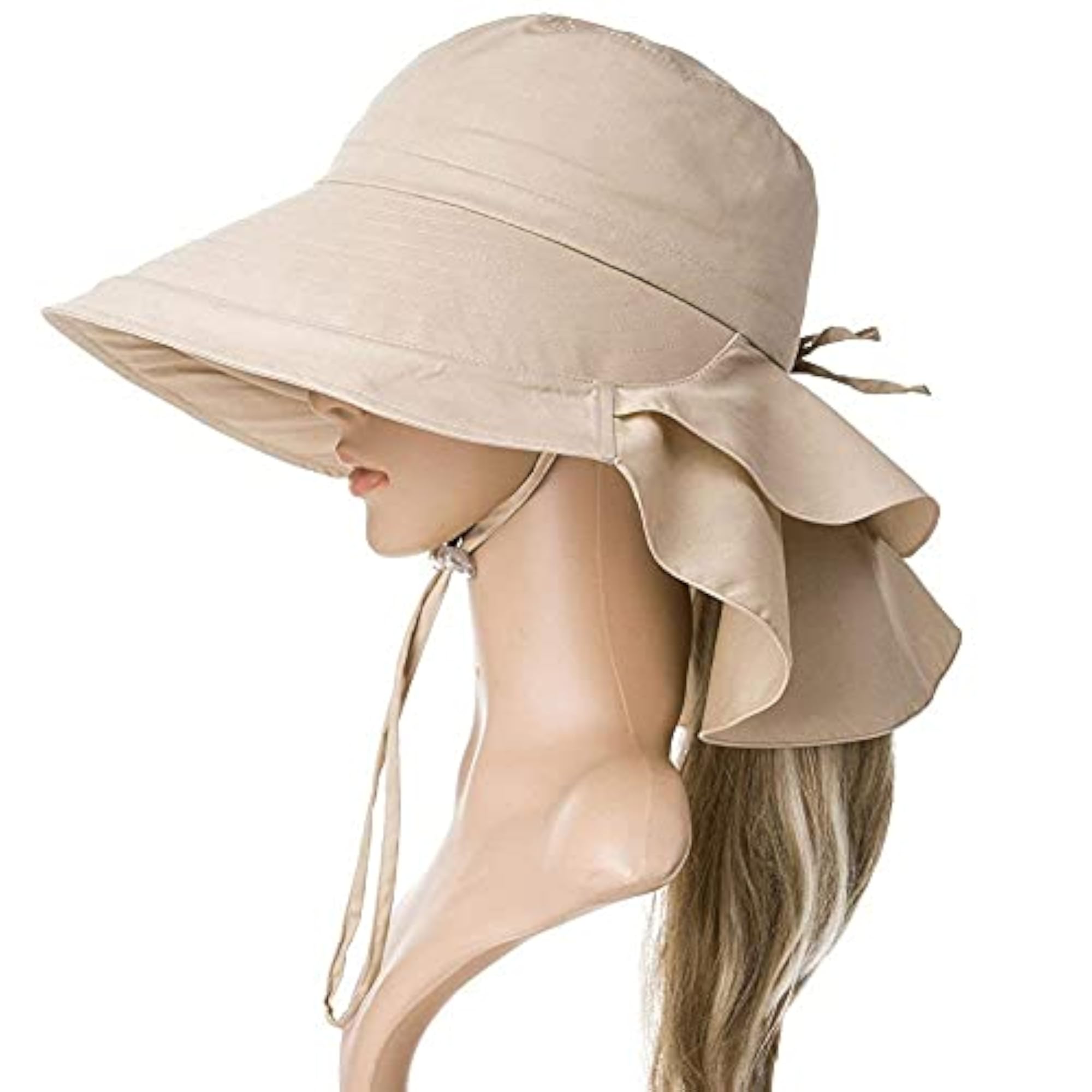 Khaki Wide Brim Sun Hat with Ponytail Hole