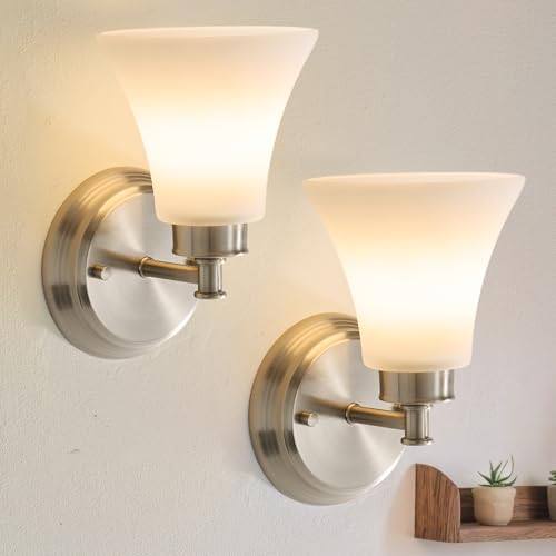 Image of LOUSACE 2 Pack 1-Light Brushed Nickel Bathroom Lighting Fixtures Vintage Bathroom Vanity Lights with Opal White Glass, Set of 2 Single Vanity Wall Sconces for Side Mirror Cabinet Stairs Living Room