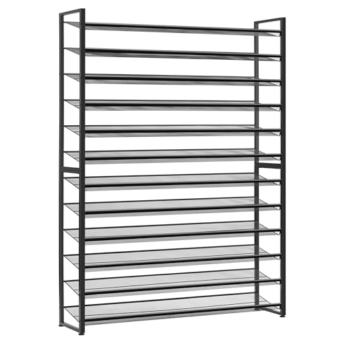 Nunsino Shoe Rack, Long Shoe Organizer,Max Holds 75 Pairs,12 Tier Metal Shoe Storage Shelf,6-Tier Stackable Shoes Organizer for Garage, Entryway,Black