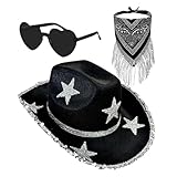 Cowgirl-Hut mit Strasssteinen, 3 x Glitzer-Cowboyhut, Strass-Stern-Bandana...