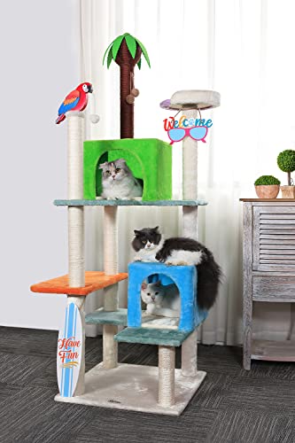 Hyabi 70.8 Inch Hawaii Novelty Coconut Tree Parrot Glasses Surfboard Cat Tree Tower Condo Furniture Apartment Plush Platform With Scratch Posts Toy Ball Pet House Play For Indoor Cats (Large 70.8" H) #TOP5