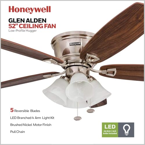 Honeywell Ceiling Fans Glen Alden, 52 Inch Classic Flush Mount Indoor LED Ceiling Fan with Light, Pull Chain, Quick-2-Hang Dual Finish Blades, Reversible Motor - 50182 (Brushed Nickel) - image 3