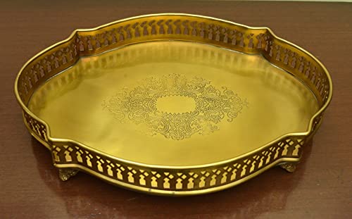 Image of Tangerine Matte Finish Decorative Brass Serving Tray with Cut Work Design Oval (15 inches)