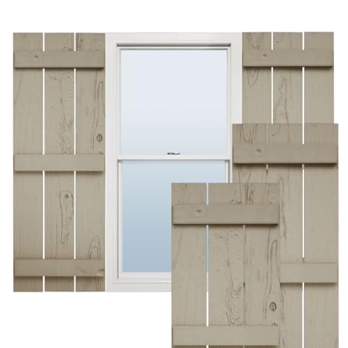 Ekena Millwork 17 1/2"W x 90"H Rustic Three Board Spaced Board-n-Batten Knotty Pine Faux Wood Shutters (Per Pair), Primed Tan