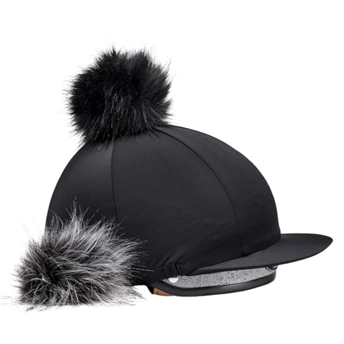 Harry Hall Stretch Fit Hat Silk – Black Riding Cover with 2 Interchangeable Faux Fur Pom Poms, Peaked Design, Elasticated Hem, Subtle Logo – One Size Fits Most