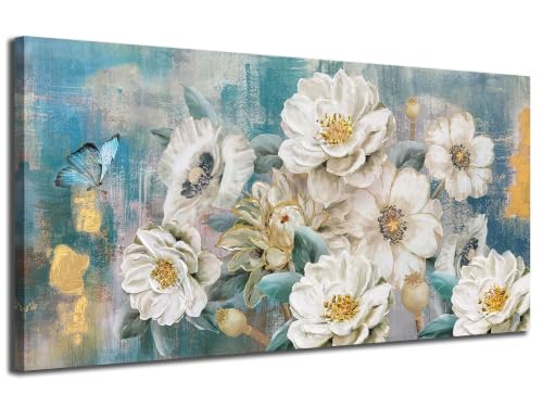 Arjun Flower Canvas Wall Art for Bedroom White Elegant Teal Picture, Textured Floral Magnolia Aesthetic Painting Living Room Wall Decor Turquoise Large Artwork Dining Room Home Office 48"x24"