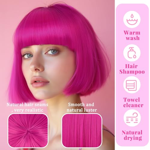Image of LIULIUBTY Short Bob Hair Wigs Straight with Flat Bangs Synthetic Colorful Cosplay Daily Party Neon Wig for Women with Wig Cap 12 inch Natural As Real (Hot Pink B)
