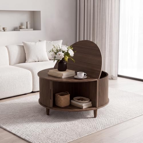 Cibert Coffee Tables for Living Room, 31.5" Round Coffee Table with Storage, Walnut Mid Century Modern Center Table, Compact Small Round Coffee Table with Flip Top Hidden Storage, Adjustable Feet