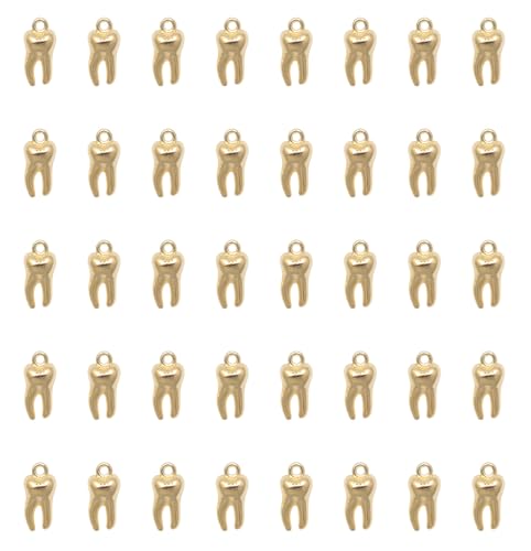Ruwado 30 Pcs Teeth Charms 1.5 x 0.7 x 0.5 cm Metal Cute Small Tooth Pendants for Women DIY Jewelry Making Supplies Necklace Bracelets Findings Kit Bulk Decoration (Gold)