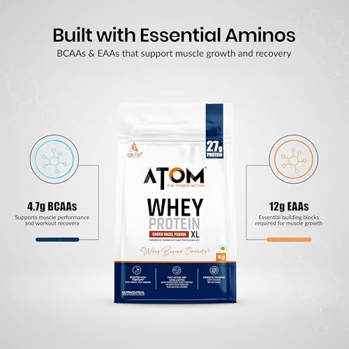 Image of AS-IT-IS ATOM Whey Protein XL, Choco Hazel Fusion, 1kg - with DigeZyme & Fermented Yeast Protein I High Absorption, Supports Muscle Growth, Recovery & Strength - Hybrid Protein for All Day Fuel
