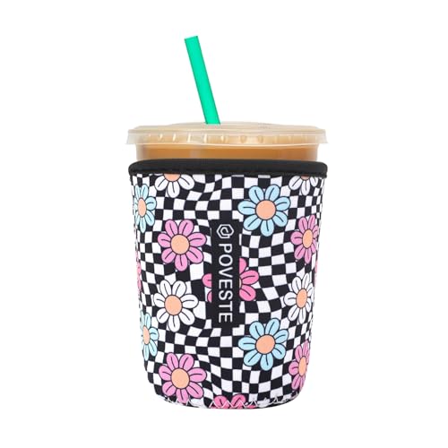 Image of Reusable Neoprene Insulator Sleeve for Iced Coffee & Cold Soda, Coffee Sleeves for Iced & Hot Drinks, Cold Beverage Cooler Compatible with Starbucks, Dunkin (Checkerboard&Daisy, Small: 16-18oz)