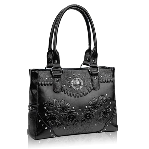 LAVAWA Tote Bag for Women Large Western Purse Ladies Top Handle Shoulder Handbags Vintage Embossed Concho Studs (Black