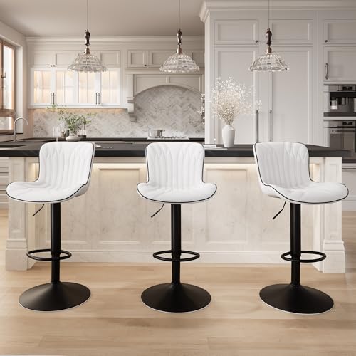 Image of YOUNIKE 3 White Bar Stools Modern Swivel Counter Height Bar Chair with Back Adjustable Kitchen Island Faux Leather Padded Barstools taburetes de bar Breakfast sillas para barra de cocina 3PCS