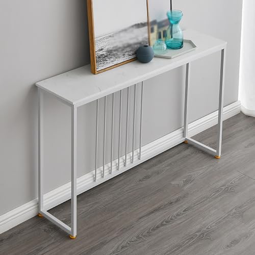 Mesa consola moderna blanca con base de metal geométrica para entrada y pasillo