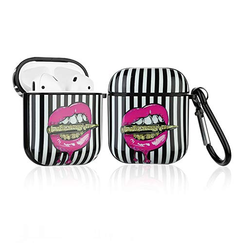 Bonoma Compatible Airpods Case Cover with Keychain, Pink Lips in Bullet Soft TPU Full Protective Case for Airpods 2&1 Wireless Charging Case Headphone Case