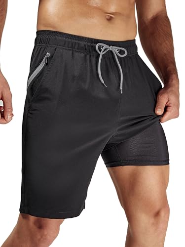 Arcweg Men's Swim Trunks Black with Compression Liner and Zipper