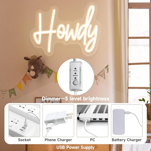Image of Howdy Neon Sign for wall decor,USB Led Light Up Signs for Bedroom Birthday Wedding Party Boyfriend Girlfriend Lover Room Bathroom neon light personalized Decoration Gift with 3-Lever Brightness