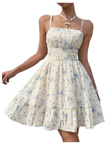 Verdusa Women's Boho Floral Shirred Sundress A Line Sleeveless Flowy