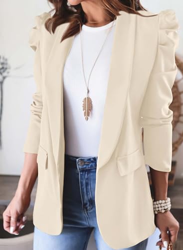 KIRUNDO Women's 2026 Spring Fall Casual Blazers Puff Sleeve Lapel Open Front Work Suit Office Blazer Jackets with Pockets(Apricot, Small) — view 4