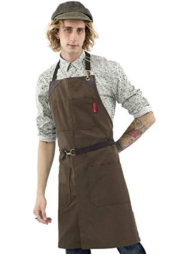 Under NY Sky No-Tie Chocolate Brown Apron - Durable Twill with Leather Reinforcement and Split-Leg - Adjustable for Men and Women - Pro Barber, Tattoo, Barista, Bartender, Baker, Hair Stylist, Server