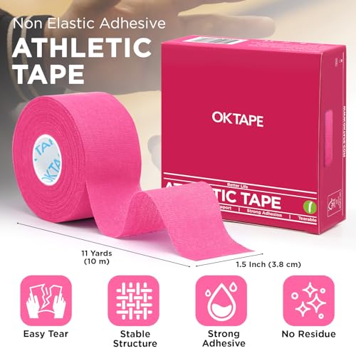 Image of OK TAPE Athletic Sports Tape(4 Packs) Pink- 32.8ft Per Roll Athletic Tape for Injuries,Strong Stick No Residue Athlete & Sport Trainers First Aid Injury Wrap, Hockey Stick