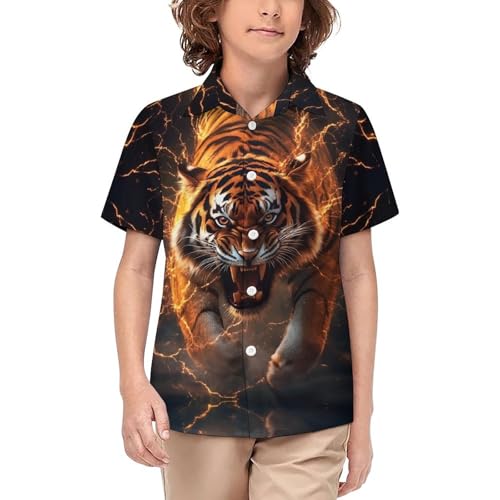 Boys Cool Tiger Print Casual Button Down Short Sleeve Hawaiian Shirt with Chest Pocket